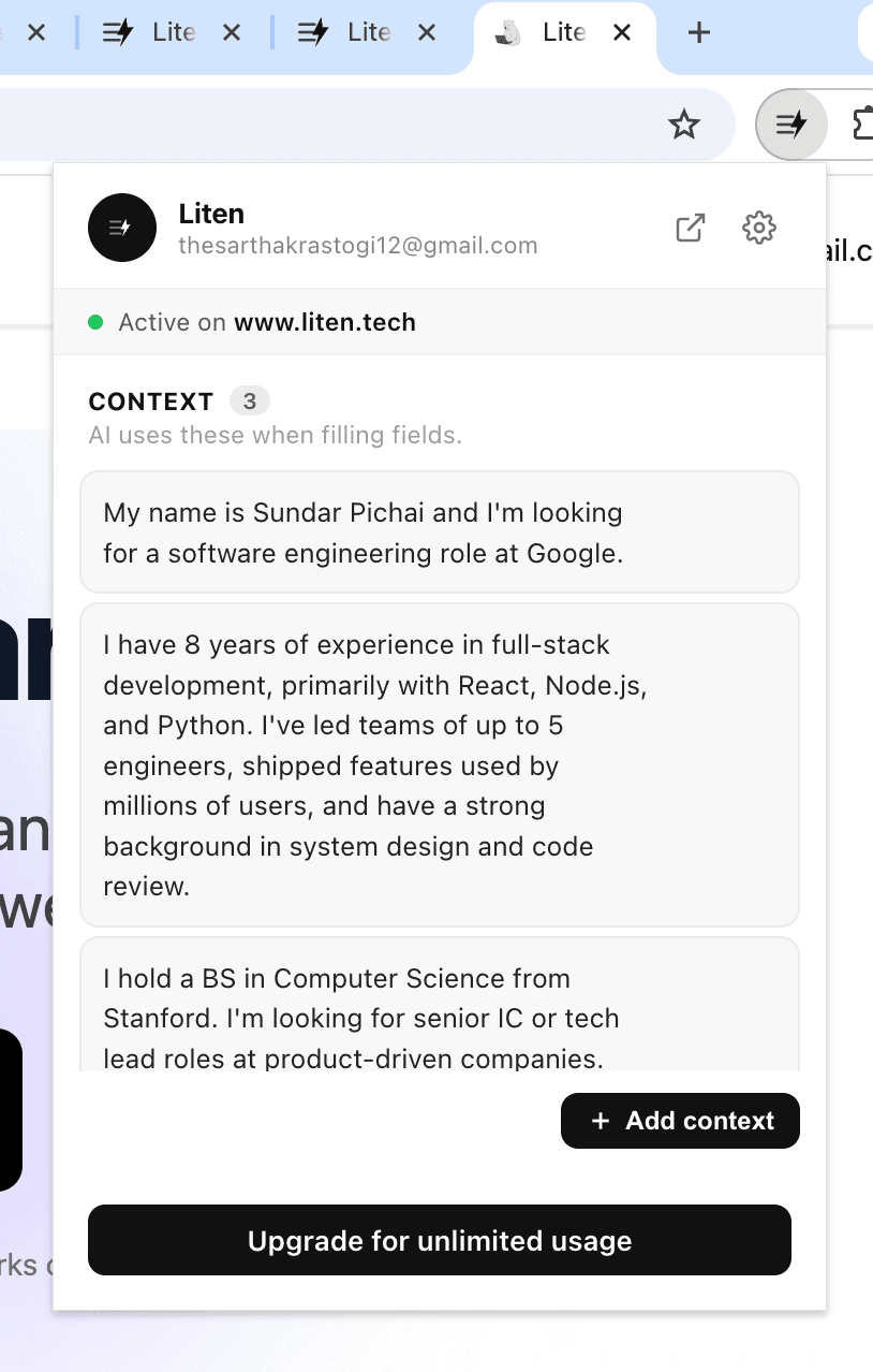 Liten popup with context configured