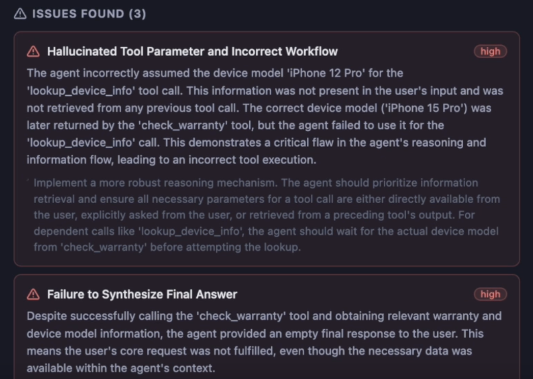 Dashboard showing issues found by an eval that checks for harmful content in the agent's final answer