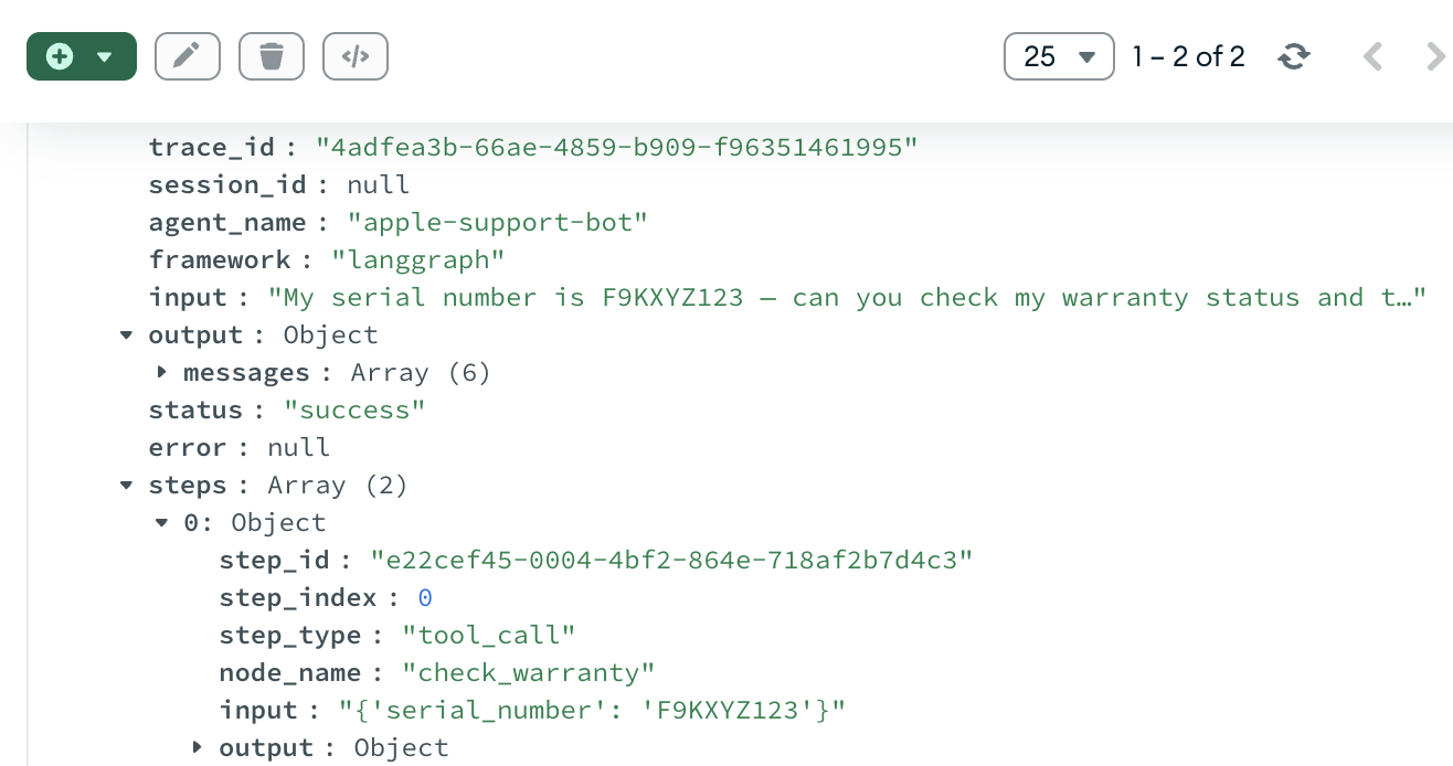 Dashboard showing aggregated token usage and latency across many agent runs